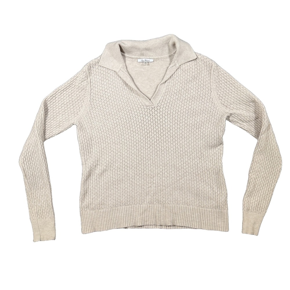 Vila Milano Womens Small Beige Pointelle Knit Polo V-Neck Long Sleeve Sweater
